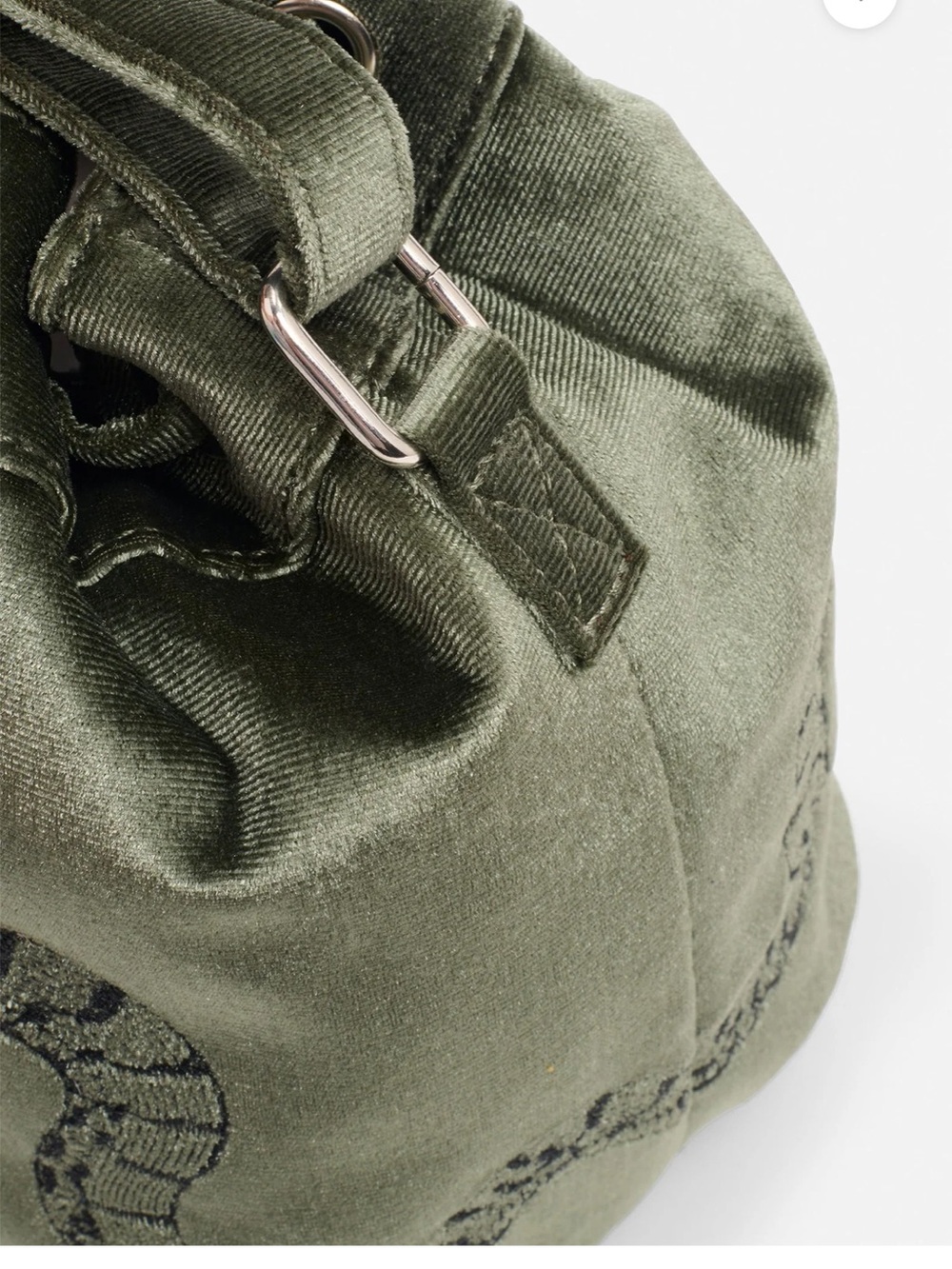 Disturbia Olive Green Velvet Drawstring Snake Bucket Bag - Picture 6 of 13